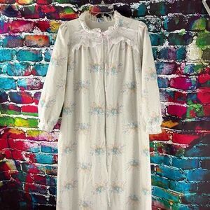 Vintage Lorraine Floral Print Flannel Lace Trim Half Zip Nightgown House Dress M
